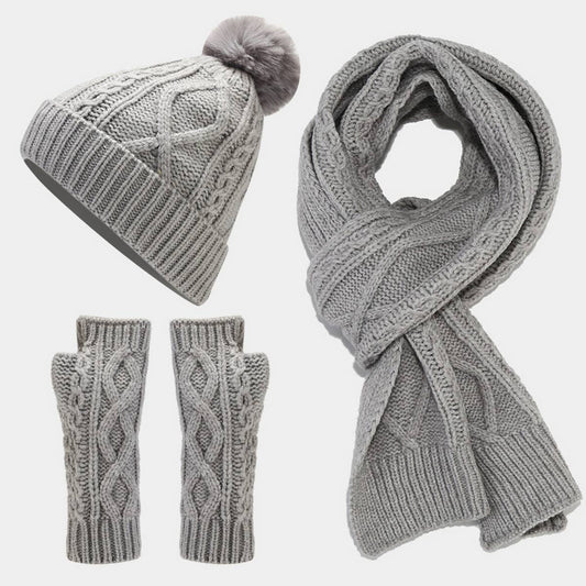 CABLE KNIT HAT, SCARF AND GLOVES THREE-PIECE SET_CWAH1580