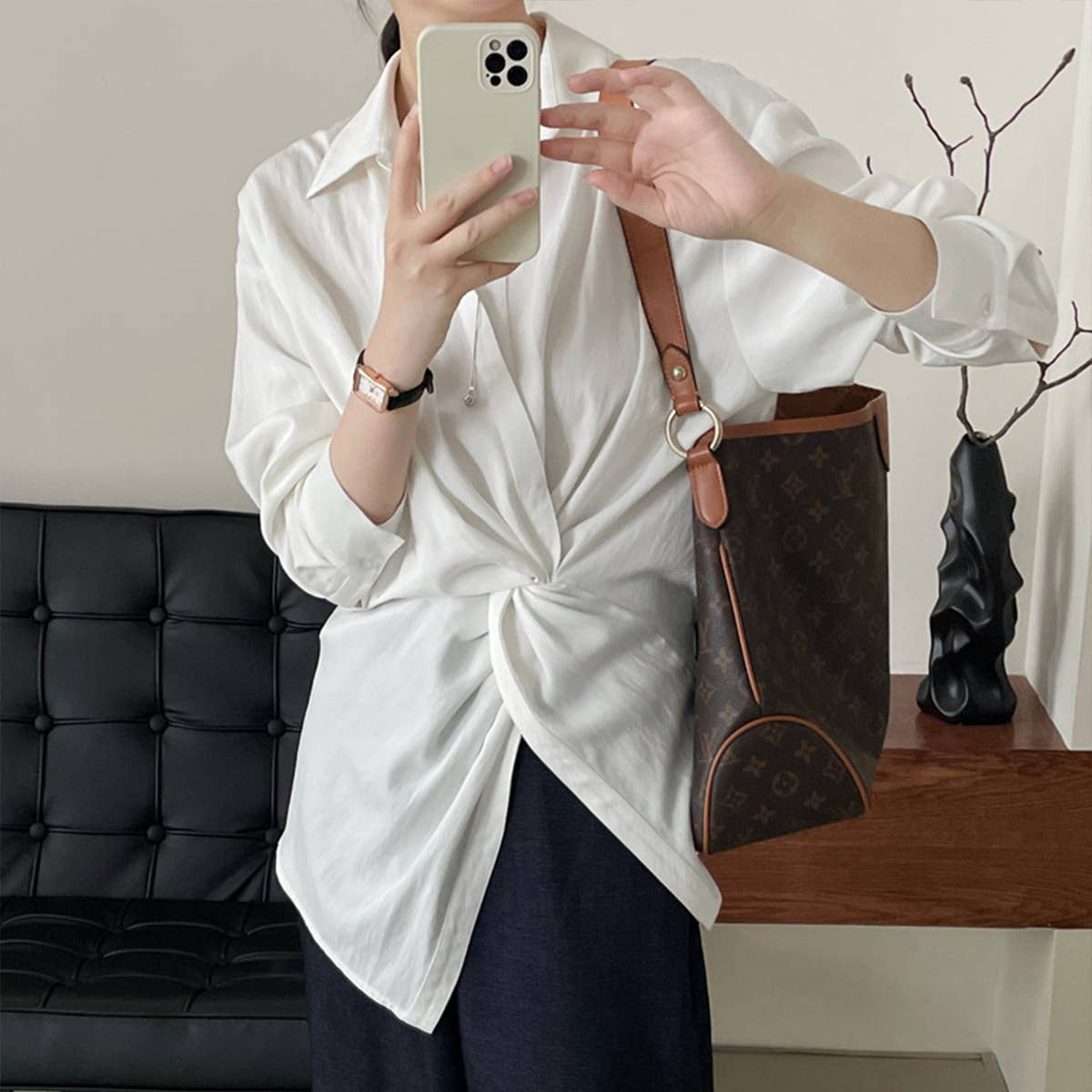 Design Twist At The Waist Adjustable French Shirt