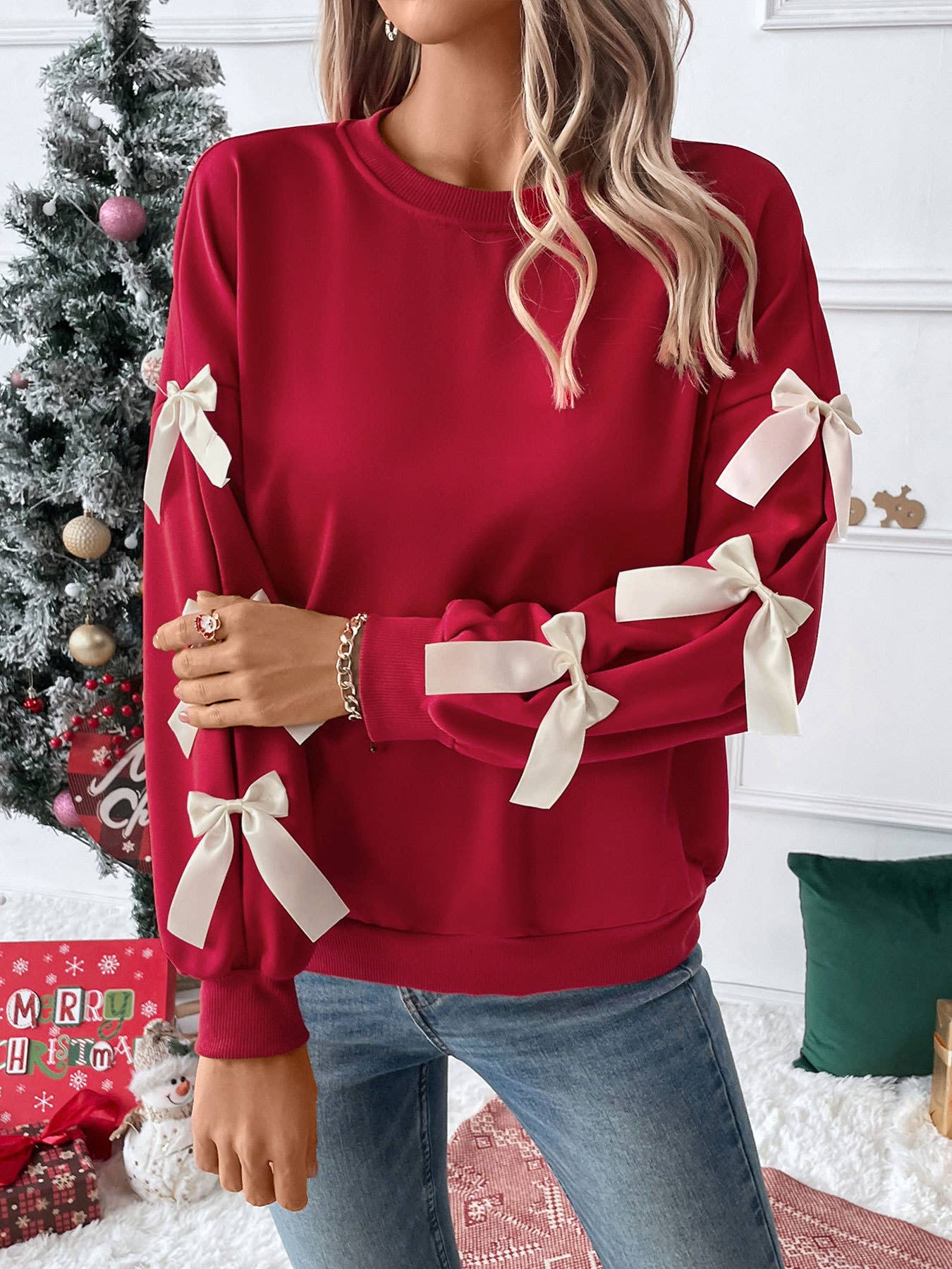 Solid color round neck bow embellish lace pullover hoodie