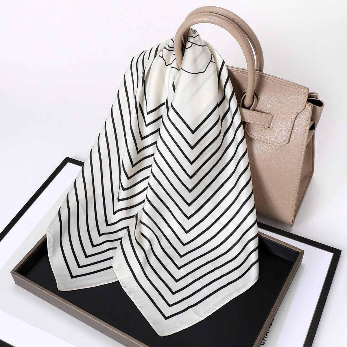 Vintage Letter Print Satin Square Scarf for Women