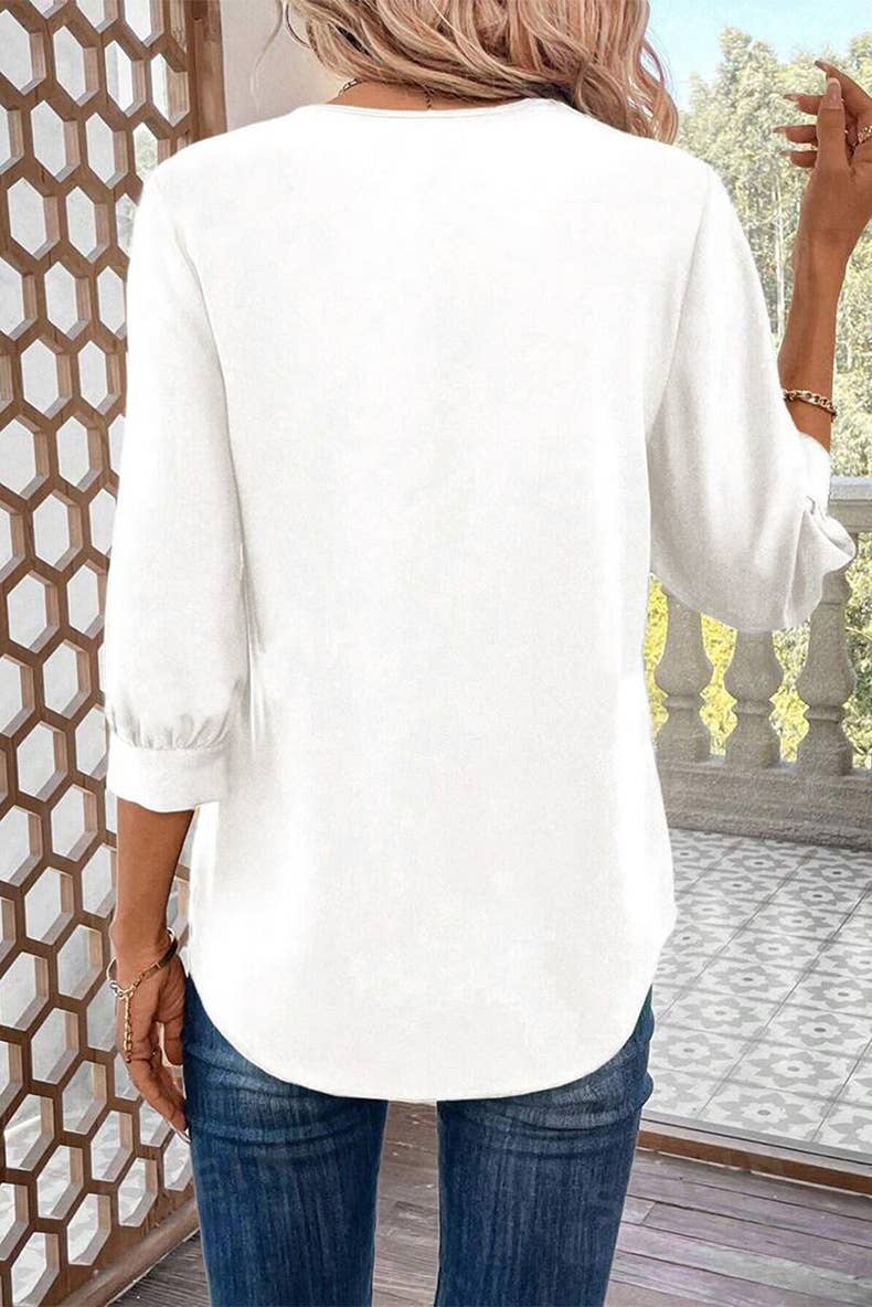 SEVEN-POINT SLEEVE SOLID COLOR V-NECK CHIFFON TOP