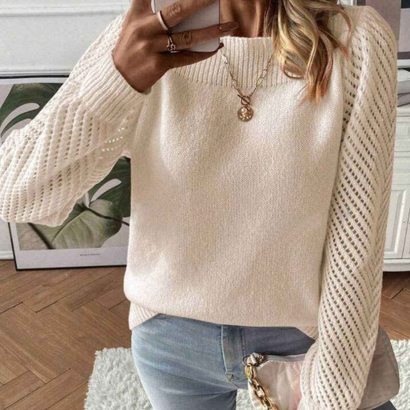HOLLOW-OUT LONG-SLEEVED LINENECK PULLOVER SWEATER