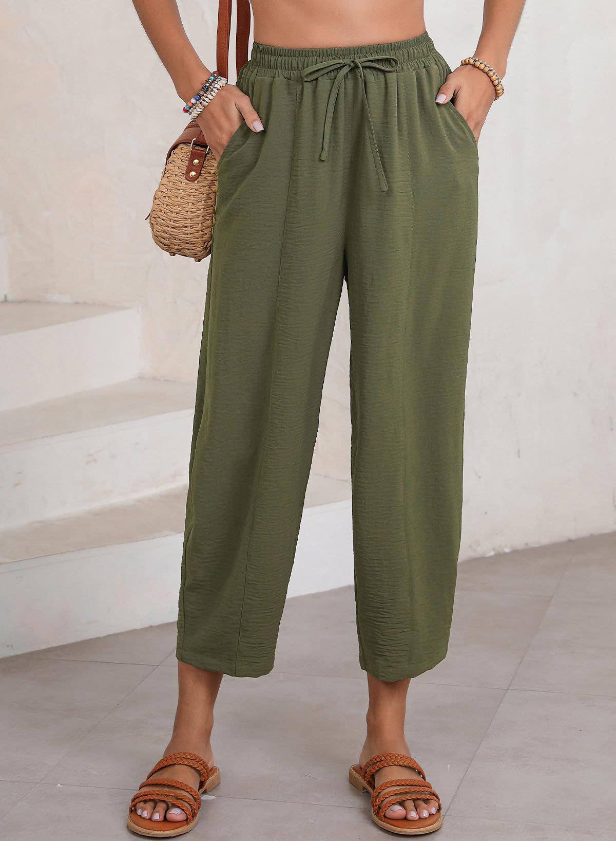 High-waisted loose casual pocket nine-inch pants