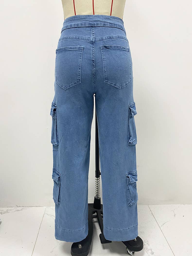 WASHED CARGO MULTI-POCKET WIDE-LEG LACE-UP JEANS