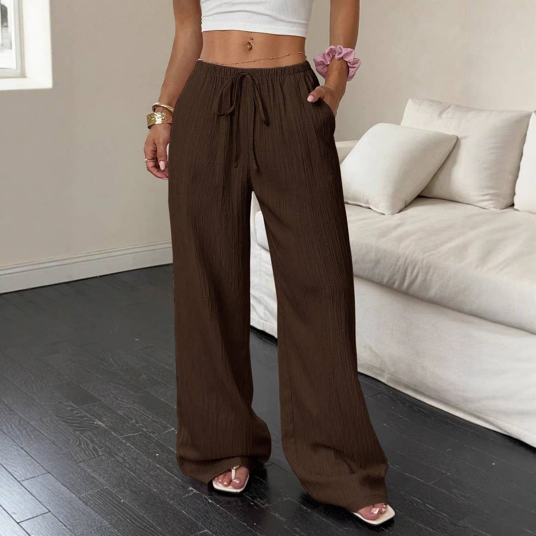 Solid-color textured drawstring wide-leg pants