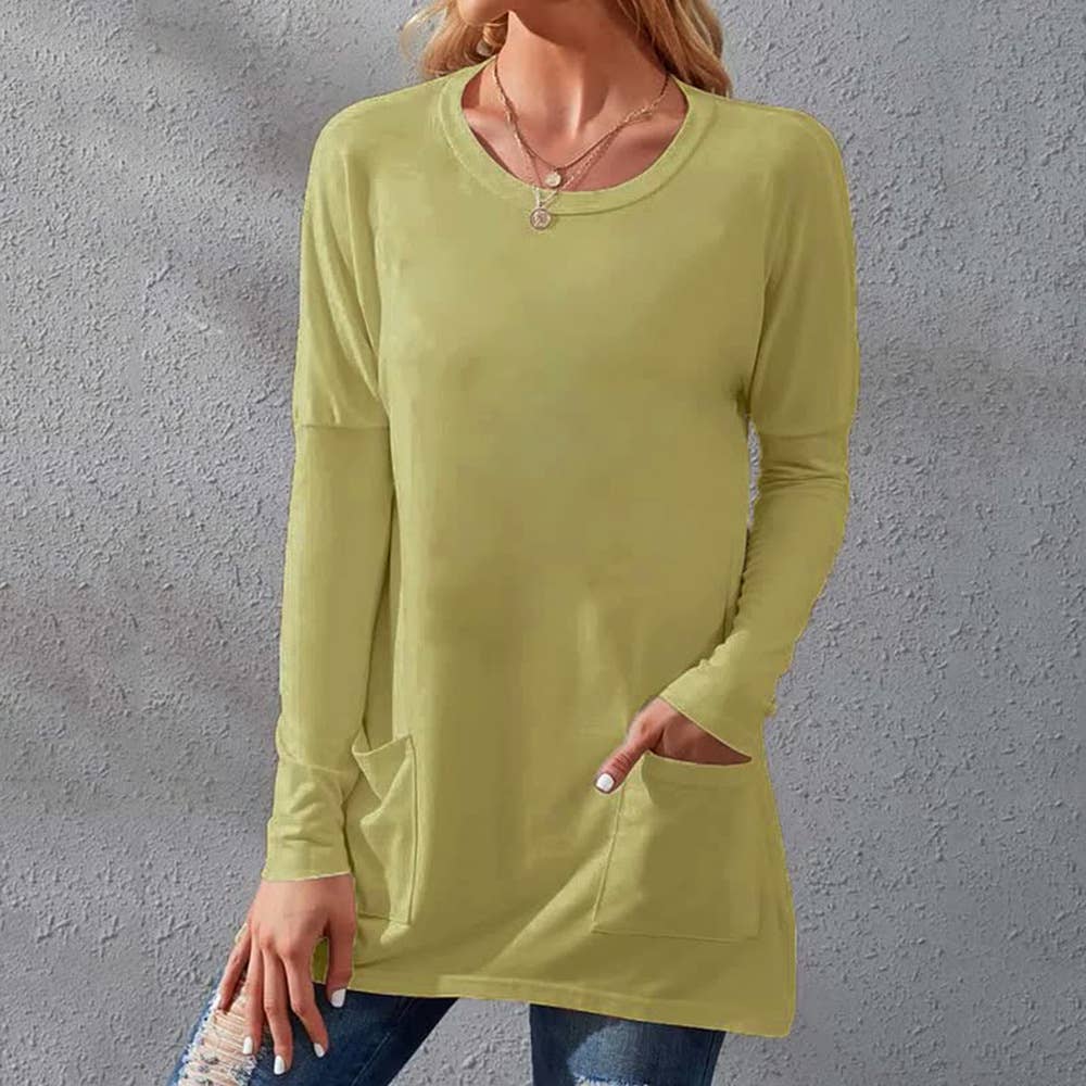 Solid-color loose round-neck pocket T-shirt