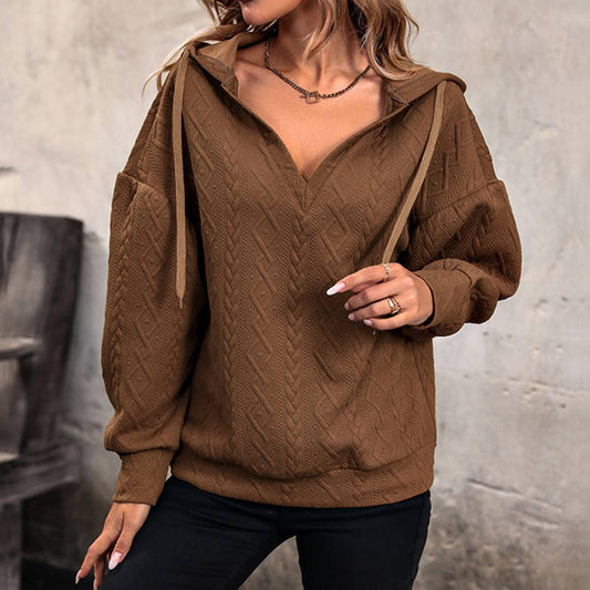DRAWSTRING KNIT LOOSE SOLID COLOR V-NECK HOODIE