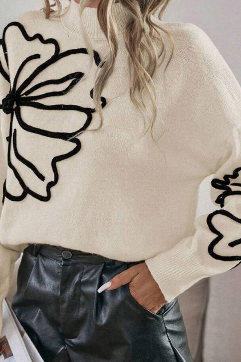 CWOSWL07303_EMBROIDERED 3D FLORAL HIGH NECK KNIT SWEATER