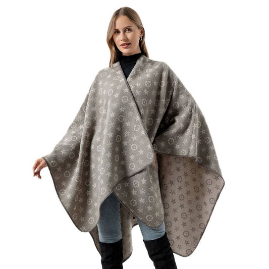 FAUX CASHMERE SHAWL CAPE WITH OUTER CAPE SCARF
