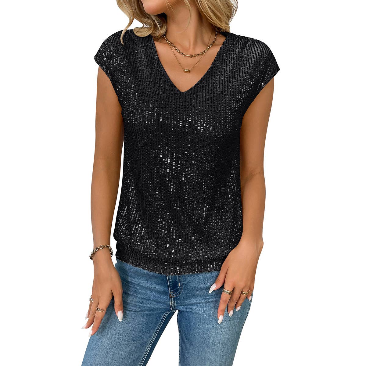 V-neck sequined short-sleeved slim-fit top