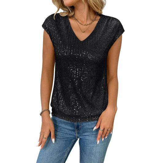 V-neck sequined short-sleeved slim-fit top