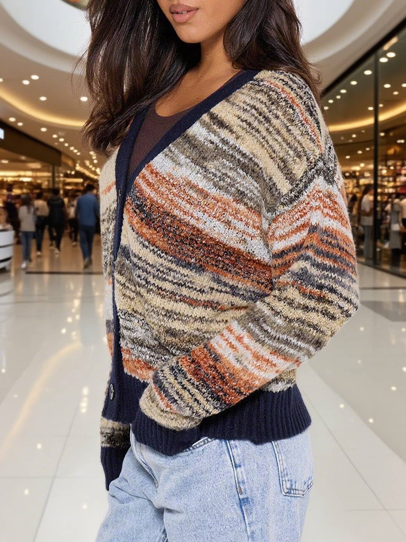 Gradient Striped V-Neck Knitted Cardigan