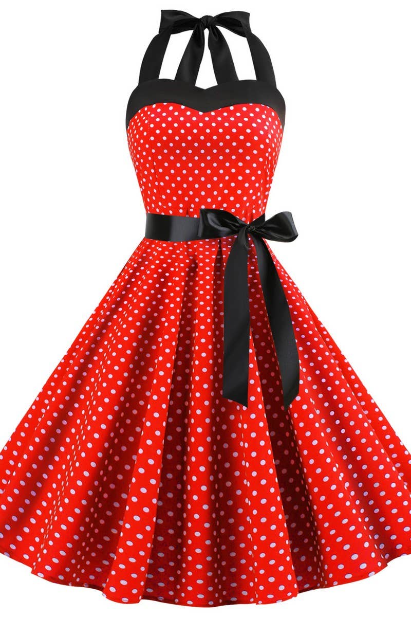 CWDHL01133_POLKA DOT OFF-THE-SHOULDER HALTERNECK DRESS