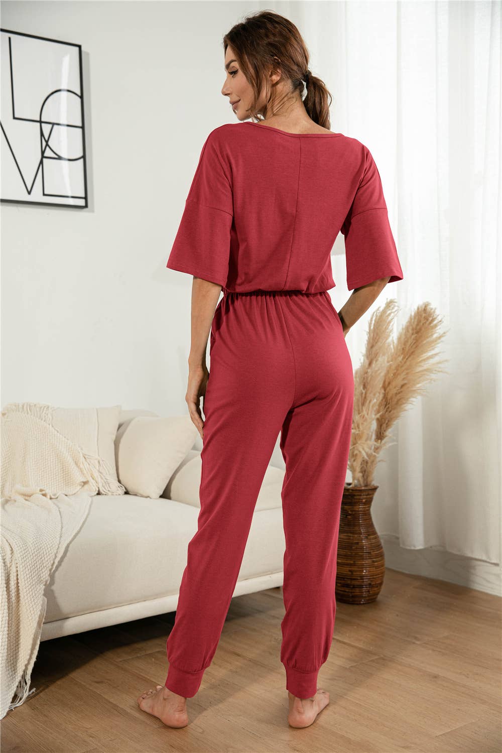 Sexy V-neck short-sleeved button-down jumpsuit