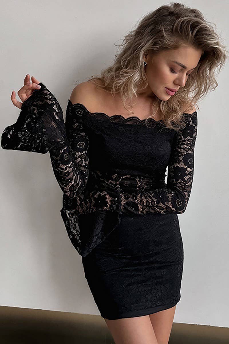 CWDMD954_SEXY LACE ONE-SHOULDER BLACK SLIM-FIT PURE DRESS