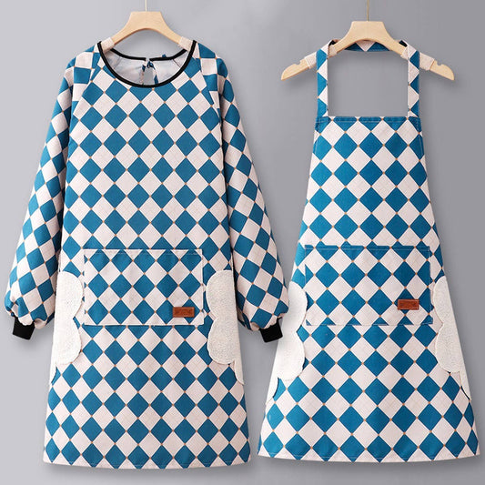 Checkered Cotton Long Sleeve Kitchen Work Apron _CWMM6693