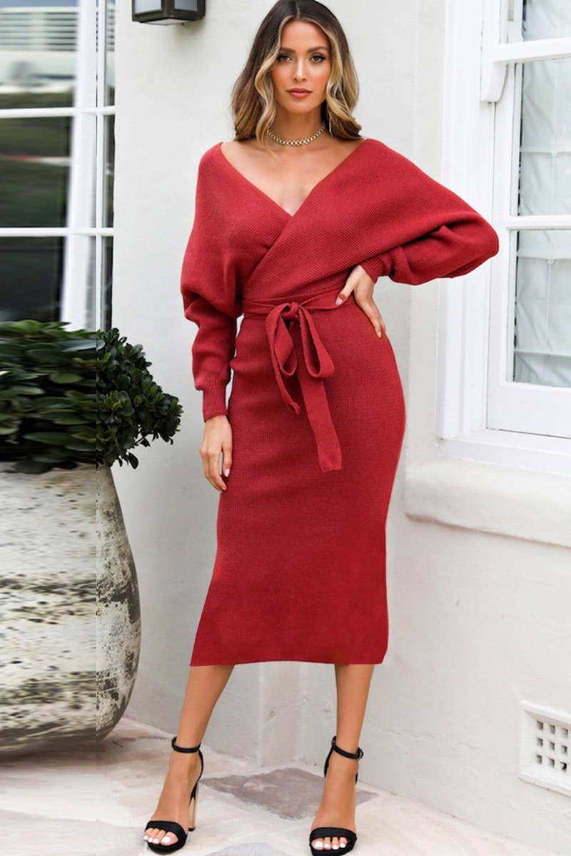 CWDMD4003_SOLID COLOR SLIM V-NECK LACE-UP KNITTED DRESS