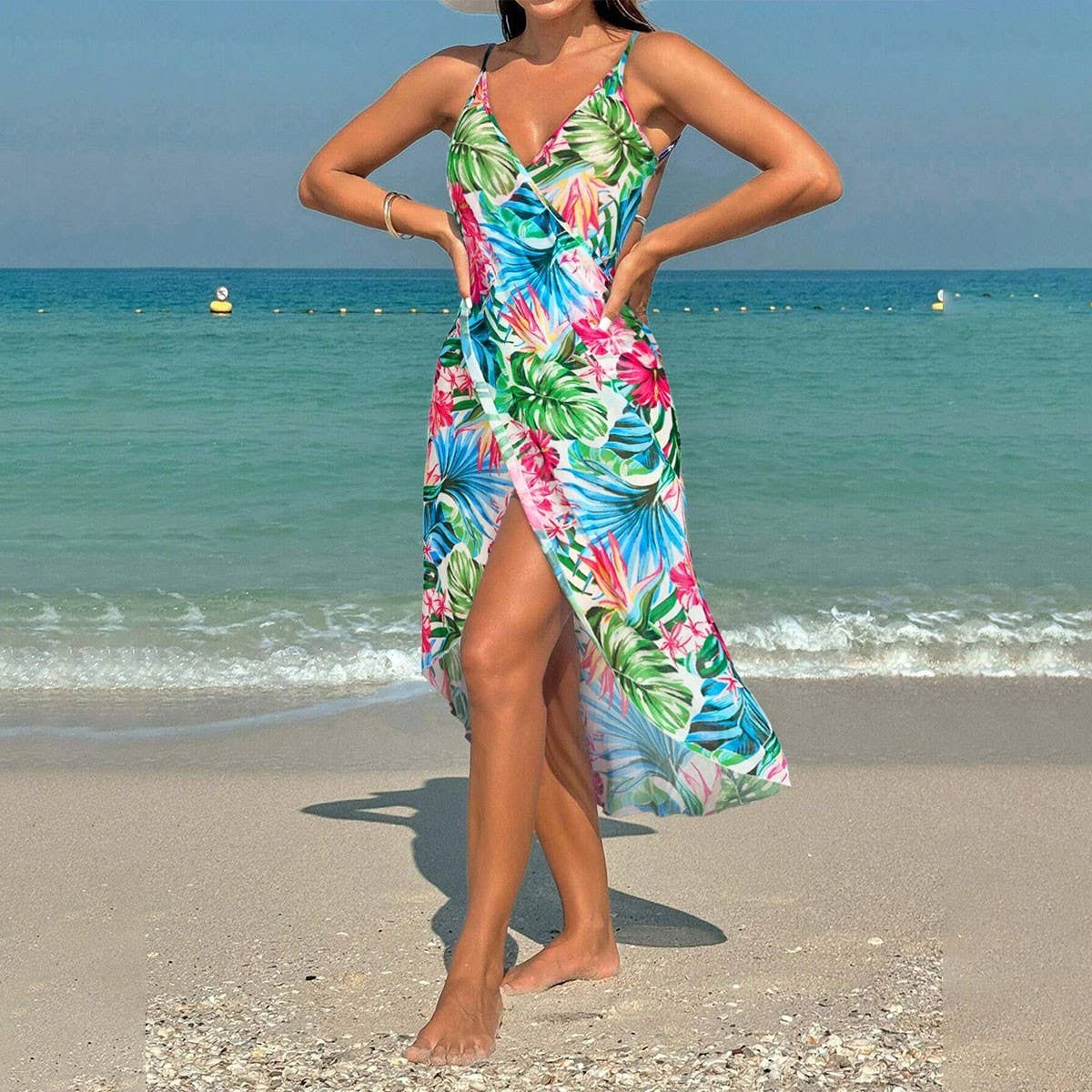Printed Sling Beach Dress, One-Piece Vacation Wear_CWBLS0474