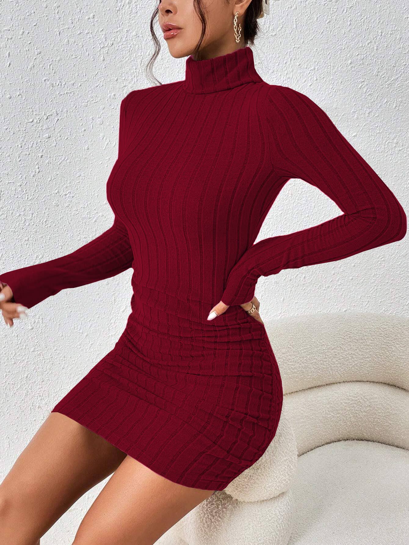 SIMPLE TURTLENECK SLIM SWEATER SKIRT