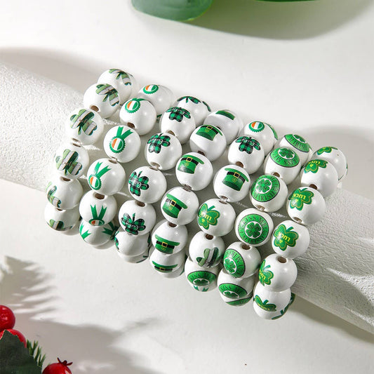 ST. PATRICK'S DAY WHITE WOOD BEAD BRACELET SET_CWMM3505
