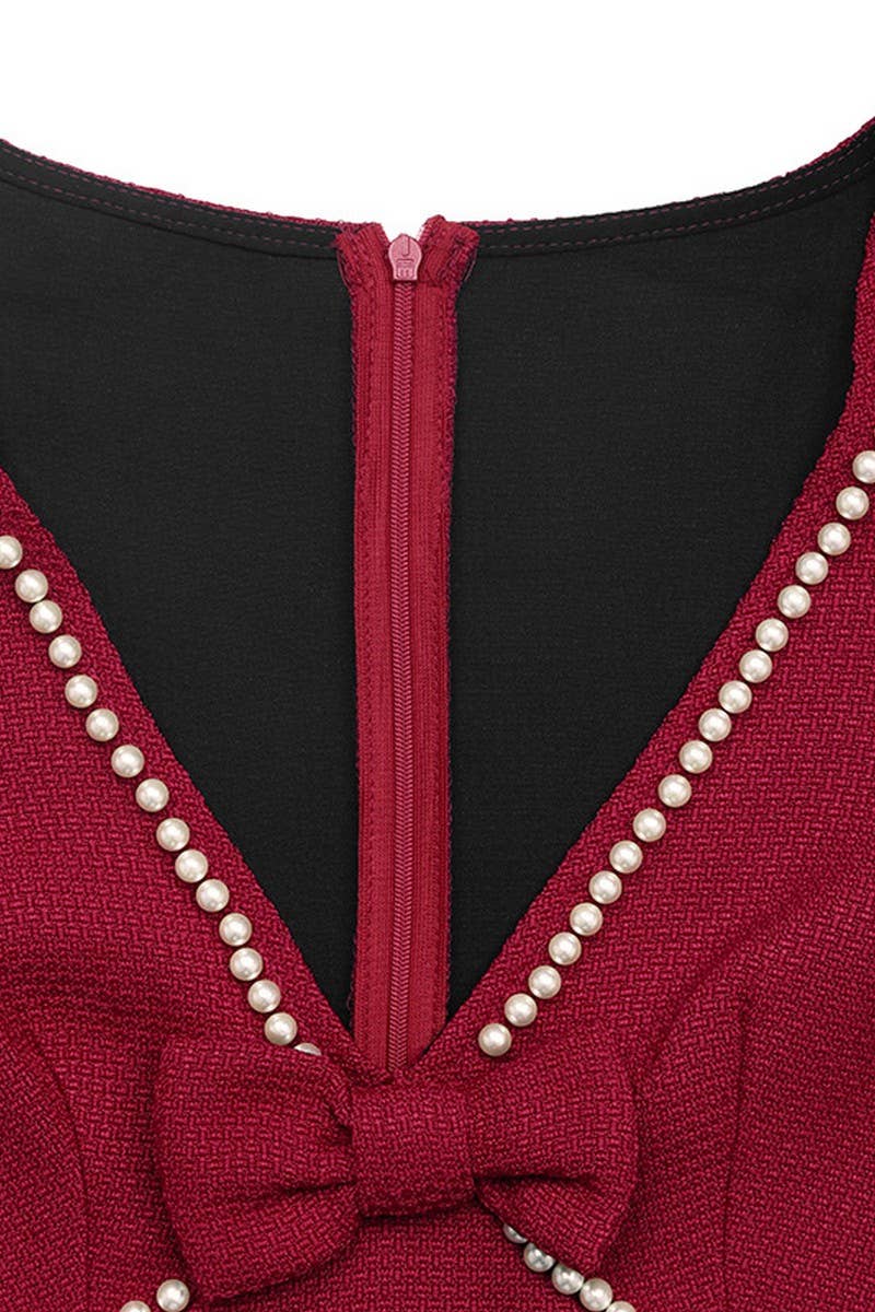 CWDSD10579_VINTAGE BOW PEARL DEEP V RED LONG SLEEVE DRESS