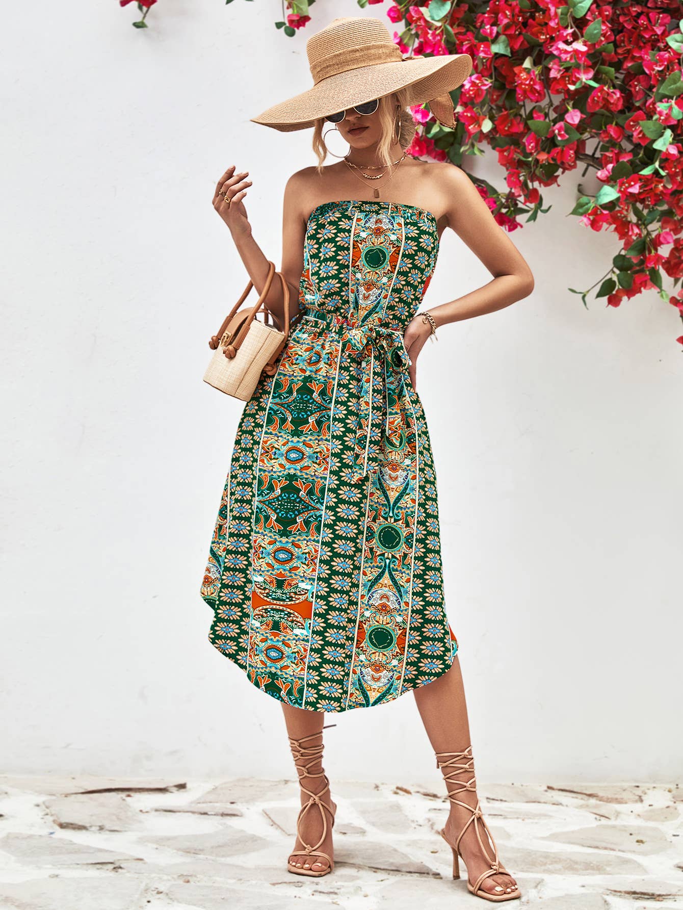 Ethnic print top top lace-up long hip wrap dress