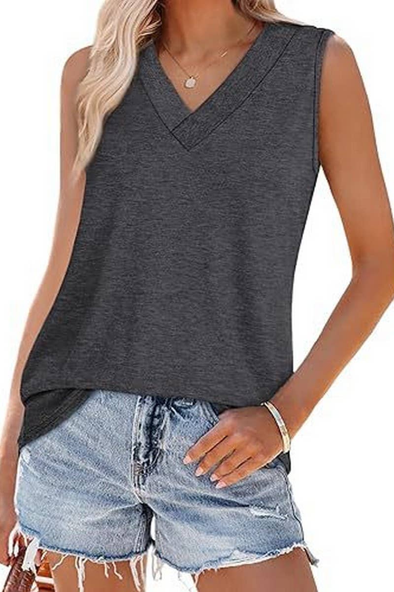Cwtblsl0908_Solid V-Neck Sleeveless Casual Tank Top
