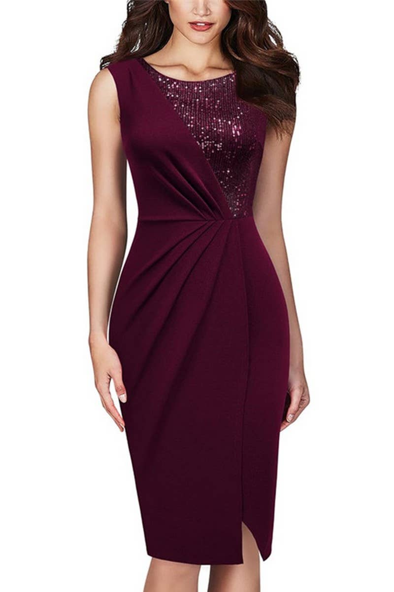 CWDSD7144_SLEEVELESS SEQUIN PANEL SLIM SLIT DRESS