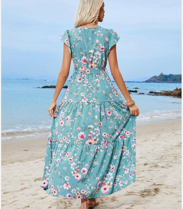 Printed floral strap V-neck short sleeve dress