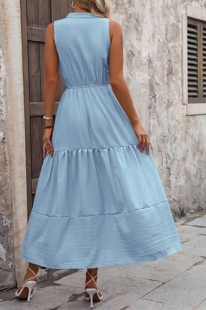 CWDMD5280_V-NECK SOLID SLEEVELESS STAND COLLAR A-LINE DRESS