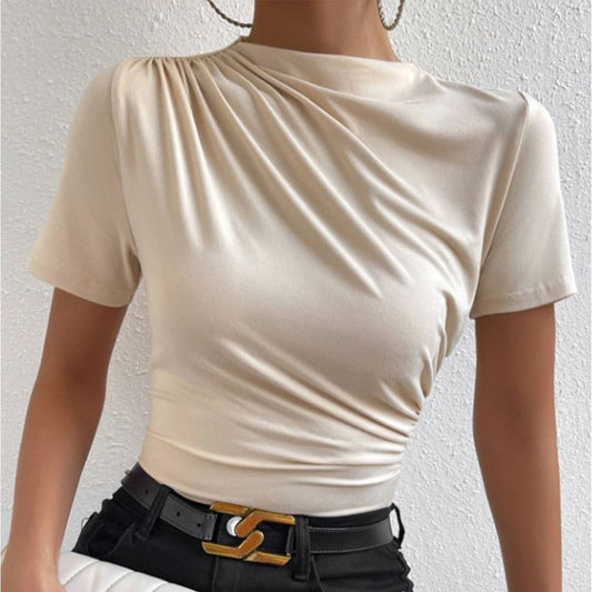 SOLID COLOR SLIM-FIT PLEATED DESIGN STYLE T-SHIRT