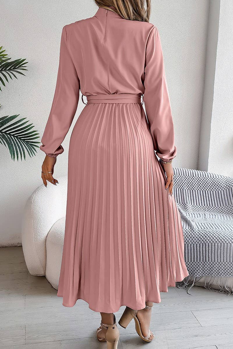 CWDMD3430_TIE STAND COLLAR PLEATED MAXI DRESS