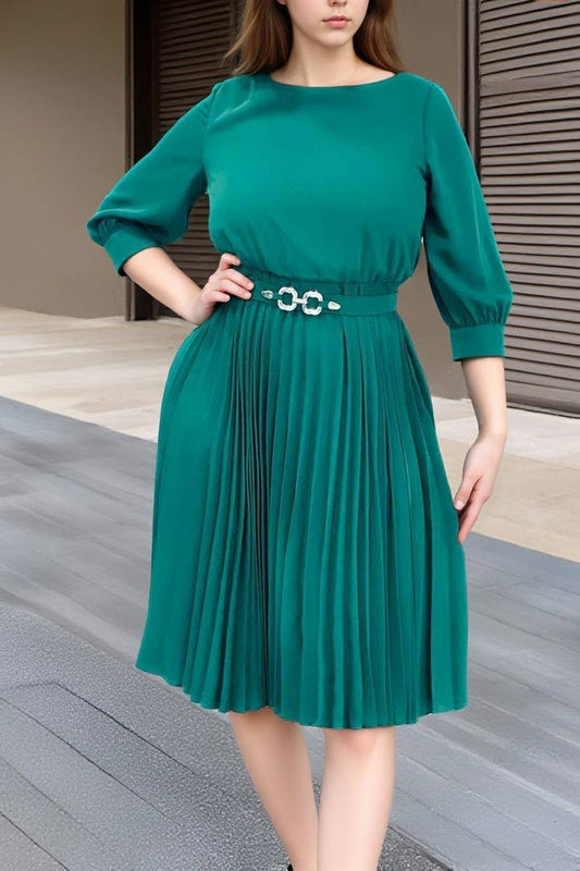 CWDMD01270_2025 ELEGANT PLEATED ROUND NECK MIDI DRESS