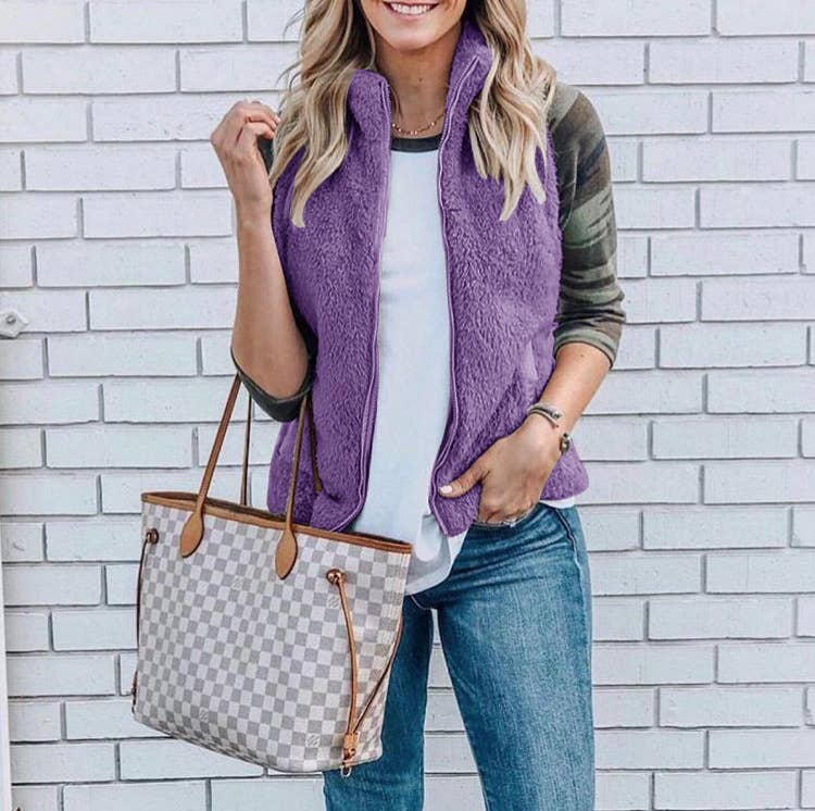 SOLID COLOR FLEECE VEST CARDIGAN ZIPPER COAT