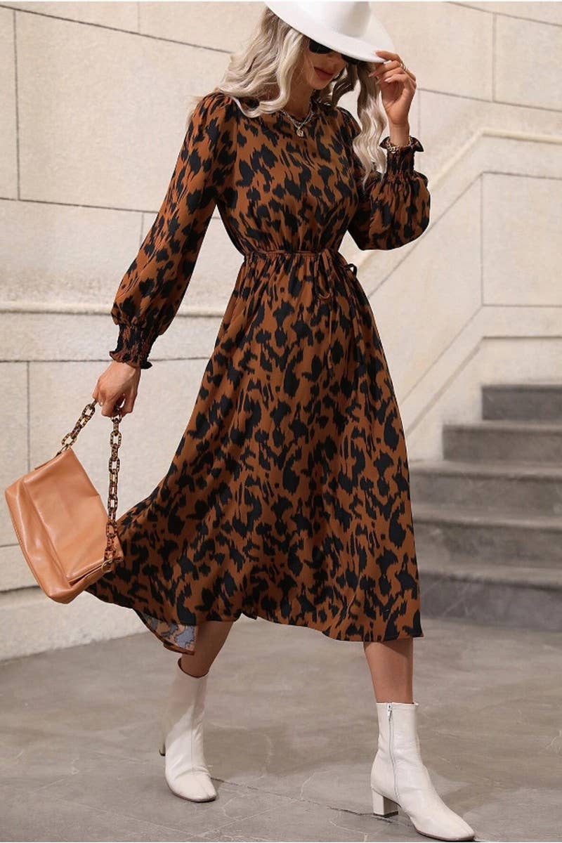 CWDSD6570_LEOPARD PRINT TIE LONG SLEEVE SWING DRESS