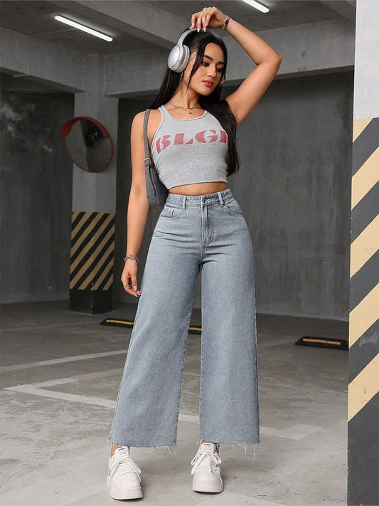 High-waisted straight-leg wide-leg fringed jeans