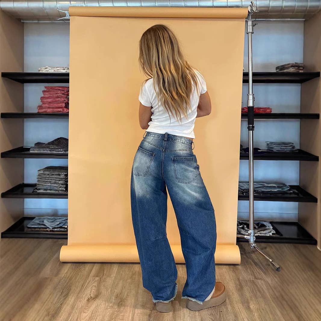 Retro washed loose straight-cut jeans