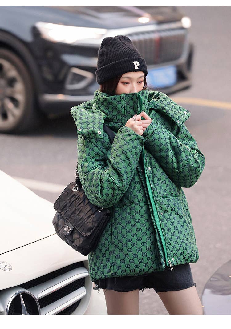 Stand-up collar short plaid hooded padded jacket