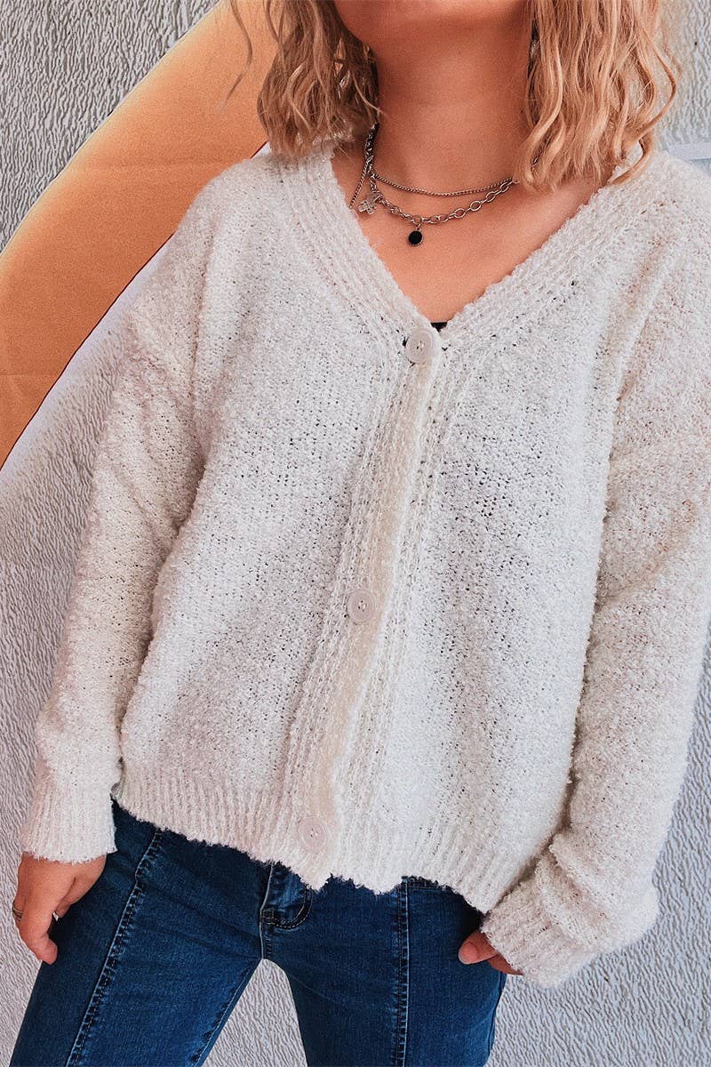 Solid color V-neck seersucker knit cardigan