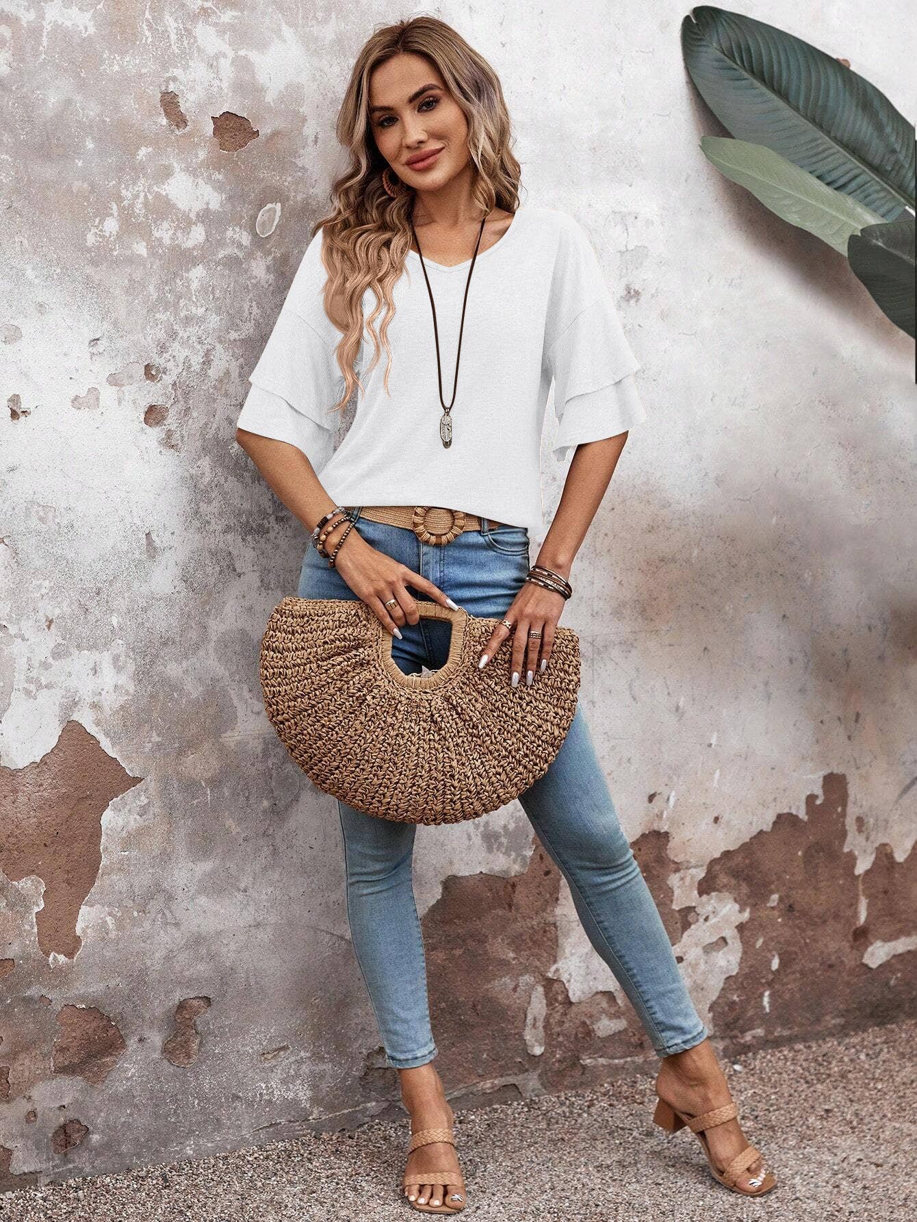 SOLID COLOR V-NECK DOUBLE-SLEEVED BAGGY BLOUSE