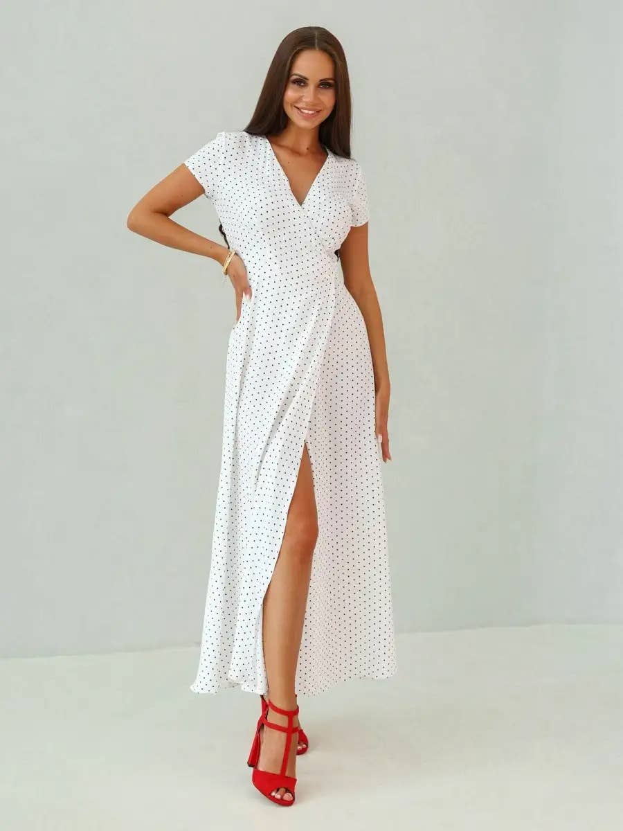 V-neck lace-up slim polka dot casual long dress