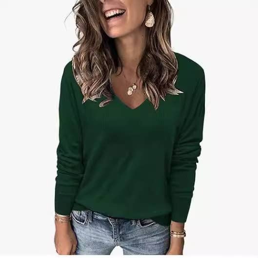 SOLID COLOR RIB V-NECK LONG SLEEVE SWEATER