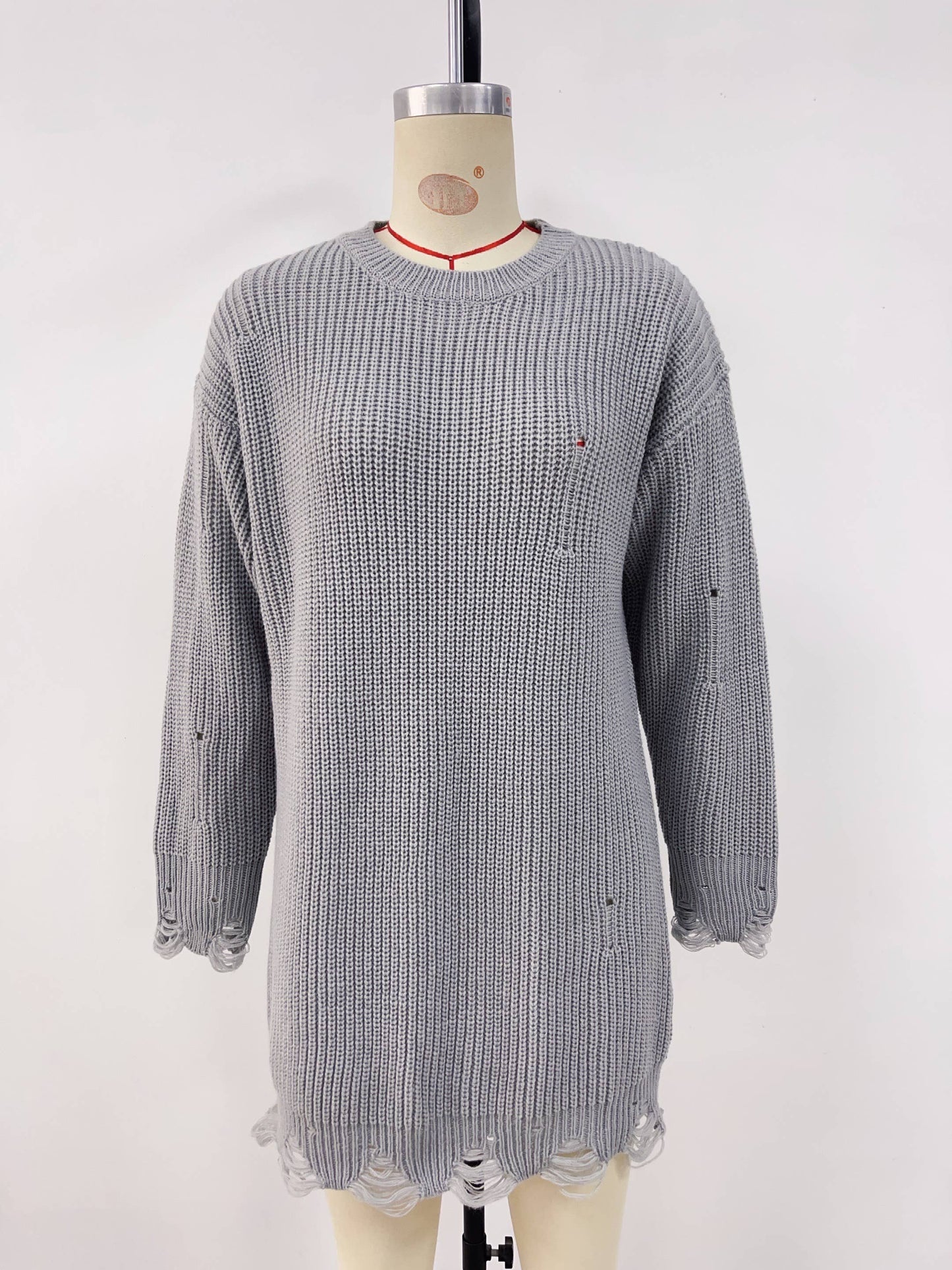 Pure color round collar hem hole loose dress