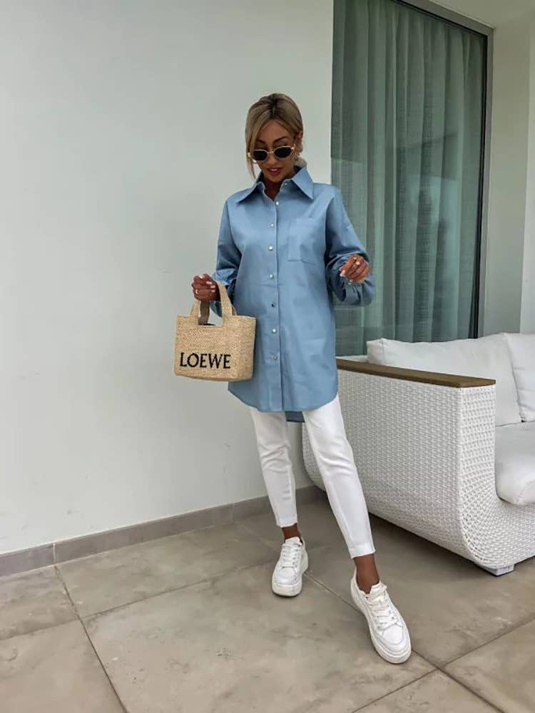 SINGLE BREASTED LONG SLEEVE SHIRT DENIM WASH TOP