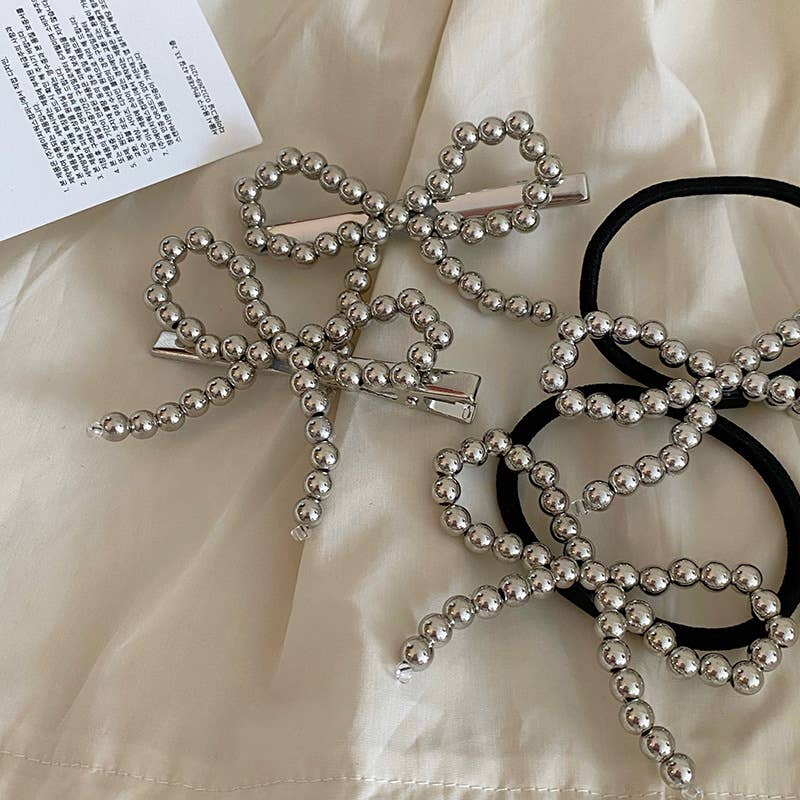 Silver pearl bow hair clip duck beak clip