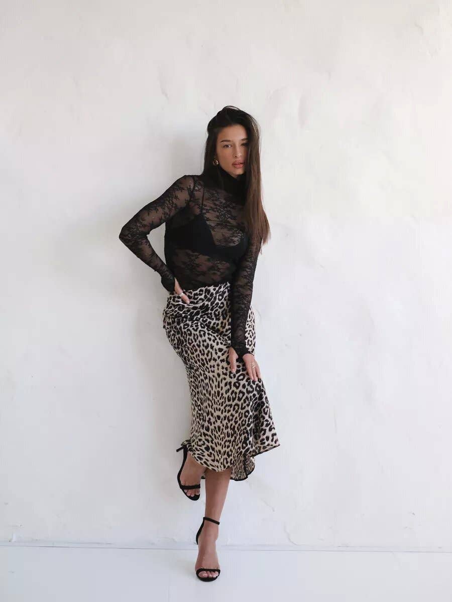 SEXY SATIN LEOPARD PRINT HIGH-WAISTED SKIRT