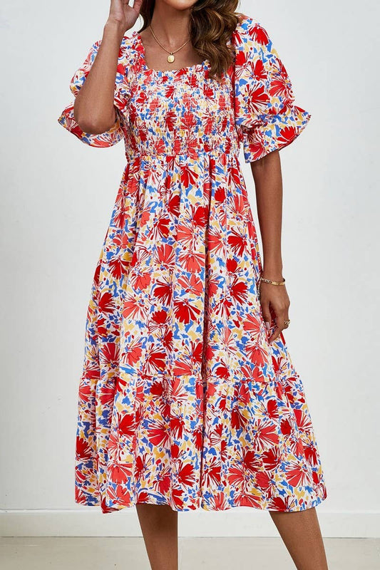 CWDMD4891_GATHERED SQUARE NECK PUFF SLEEVE PRINTED DRESS