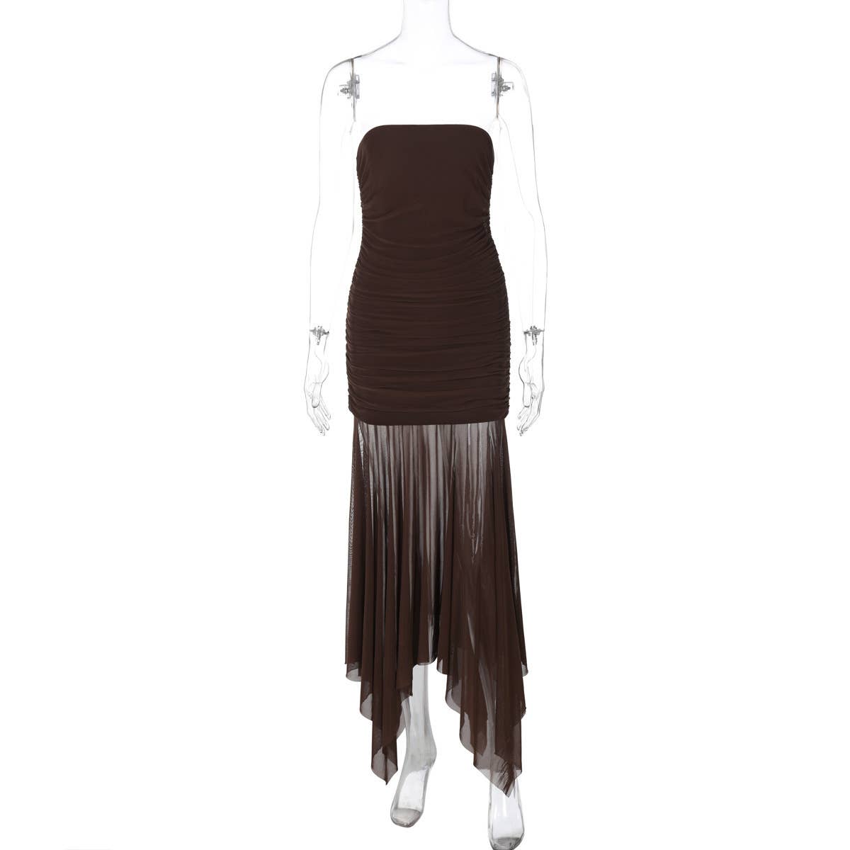 A strapless pleated patchwork gauze dress