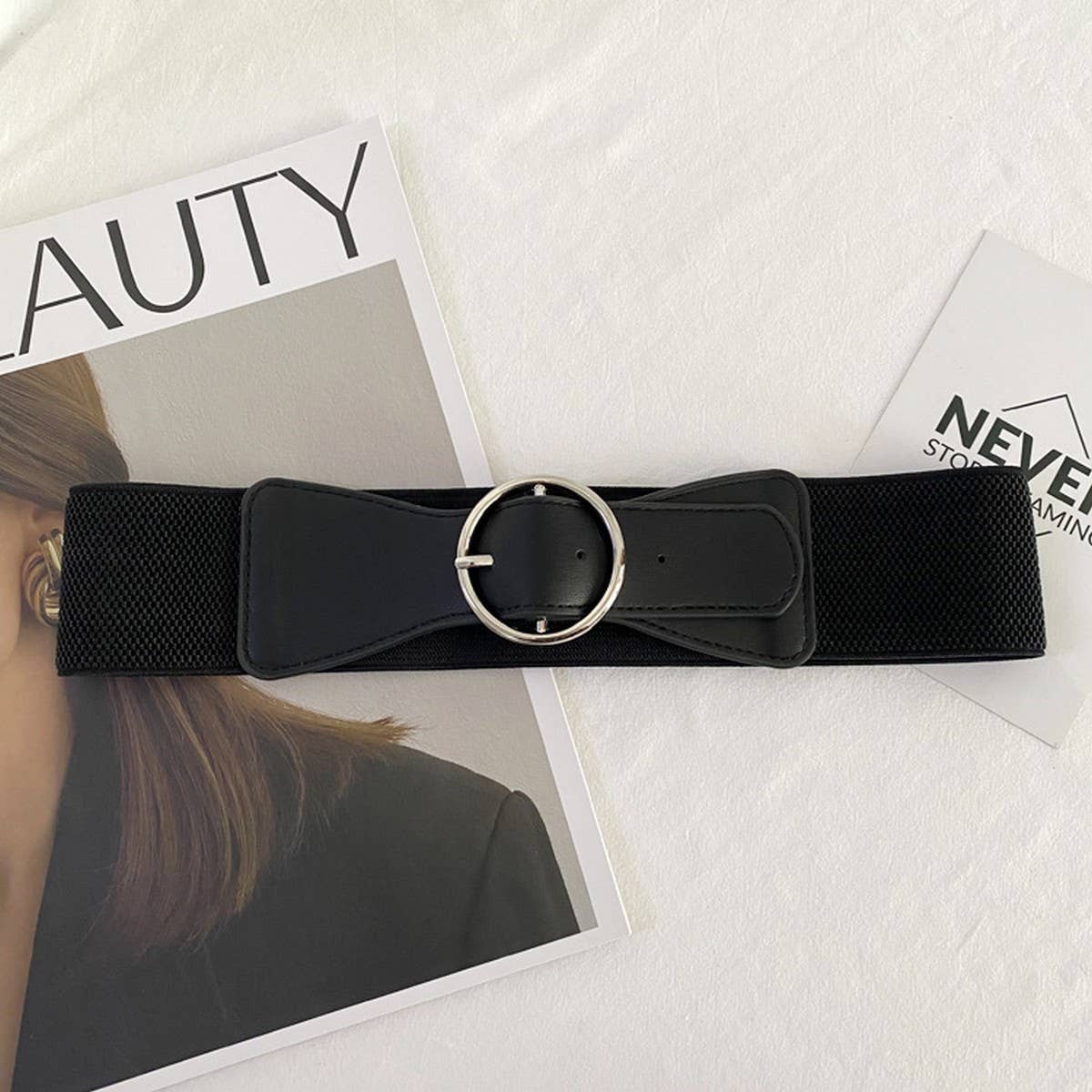 BLACK OUTER ELASTIC ROUND BUCKLE WAIST SEAL_CWABE0651