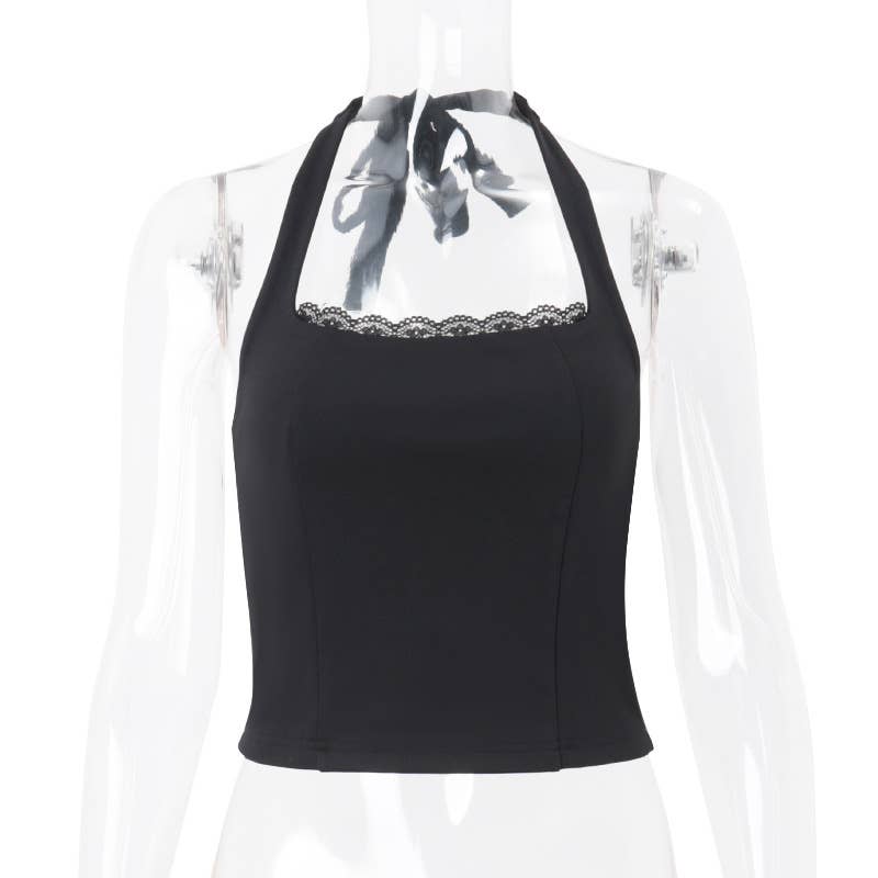 Lace trim halter neck sexy slim cami top